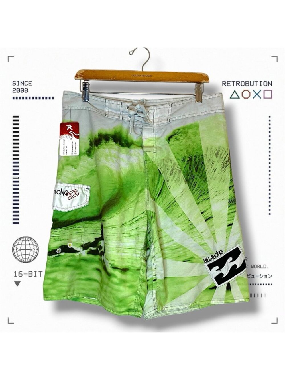 Y2K Billabong Andy Iron AI Rising Sun Board Shorts Green Size 34